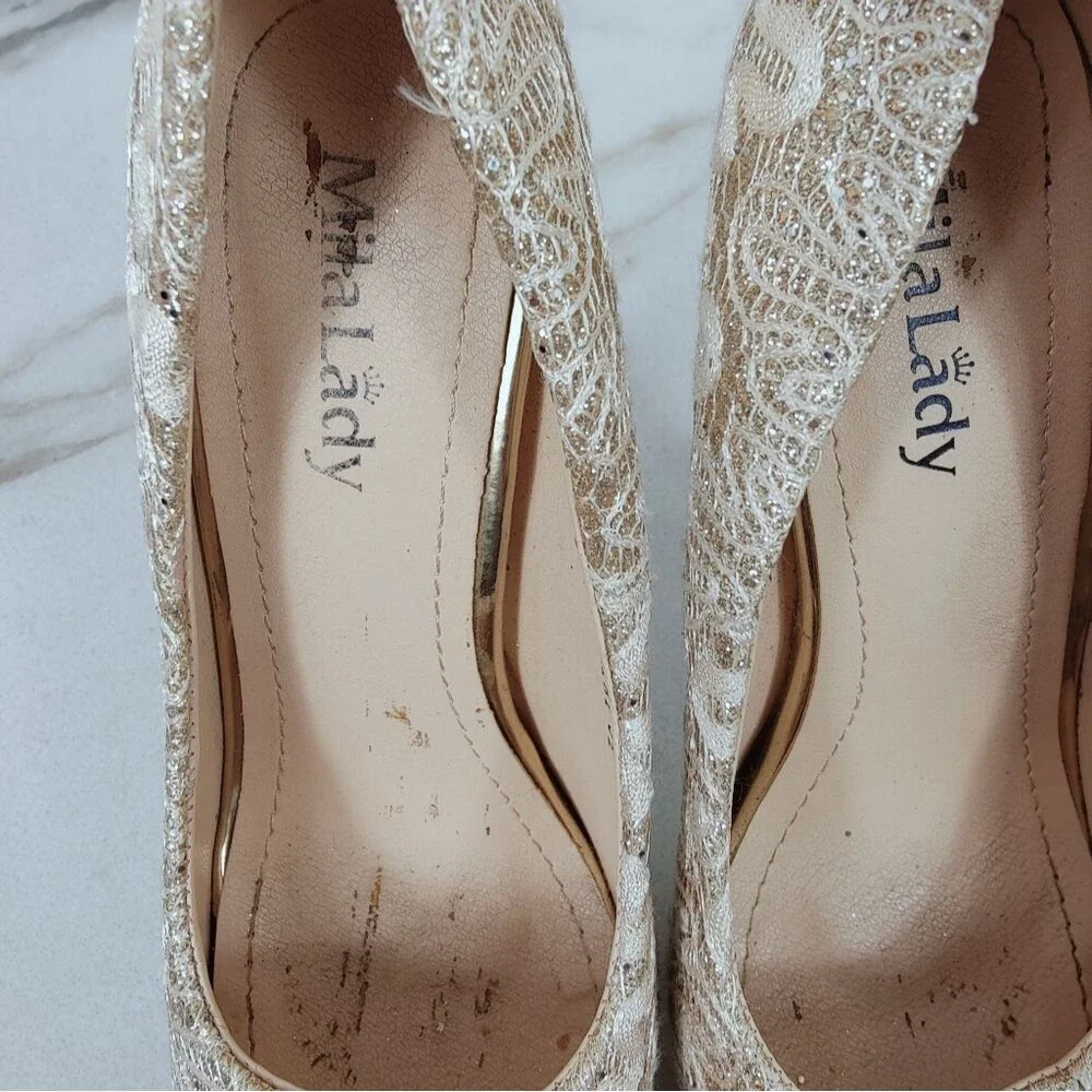 Mila Lady Fay Gold Cream Glitter Lace Platform Stiletto Heels, Sz 5.5
